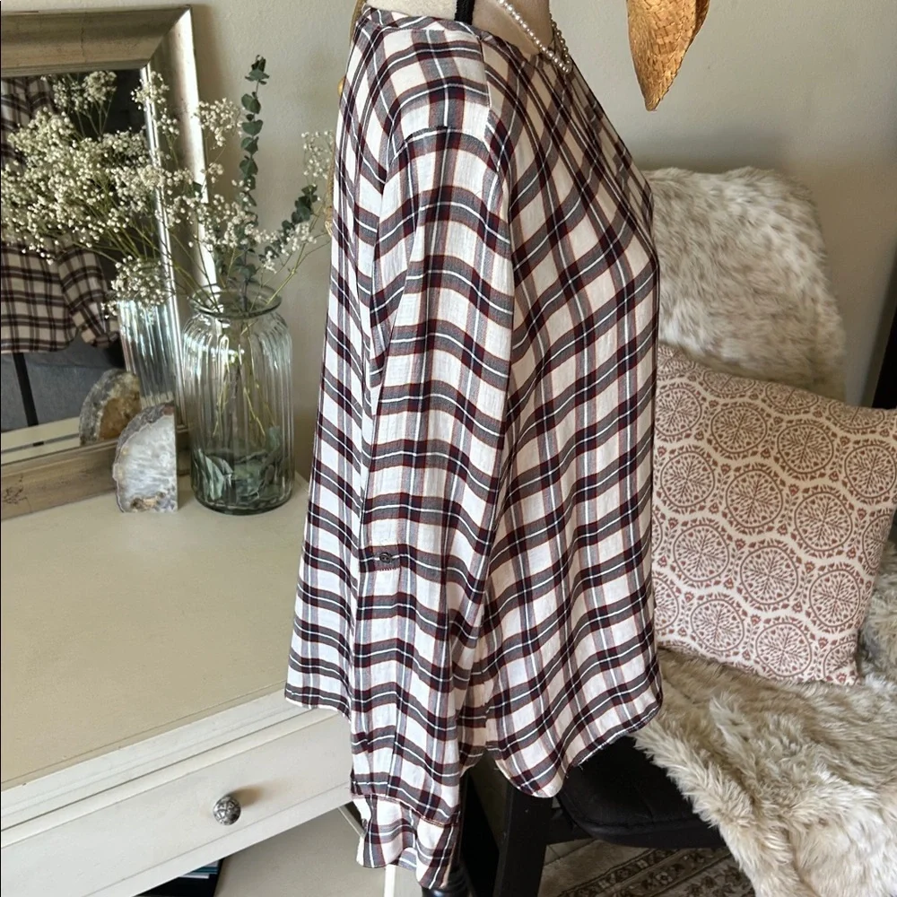 Ann Taylor loft white navy maroon plaid long sleeve boxy sheer blouse top M​​ - Picture 7 of 11